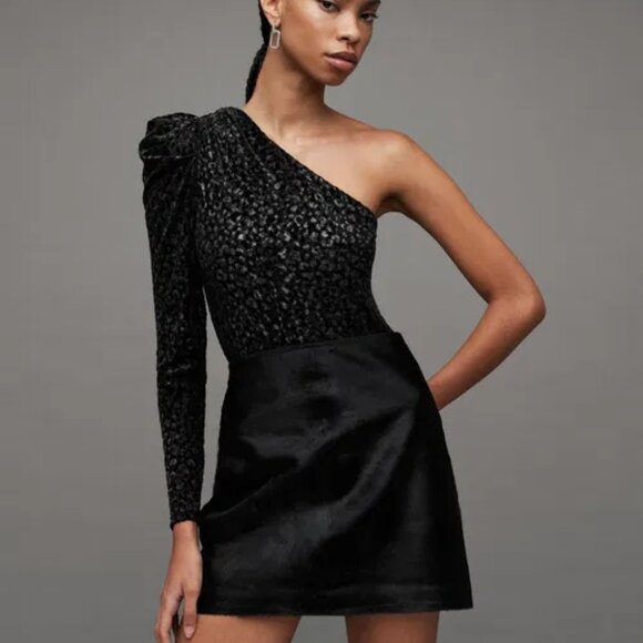 All Saints Daphne Animal Print One Shoulder Bodysuit | Size US 10 - Picture 2 of 4